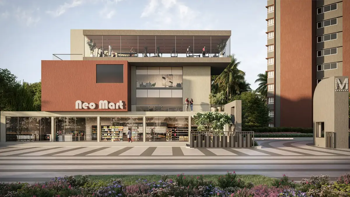 Modern Spaces Neon clubhouse and Neo Mart render