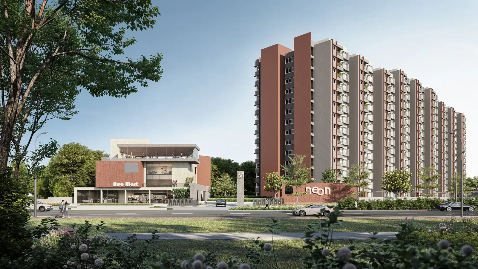 Modern Spaces Neon front elevation render along NH 648